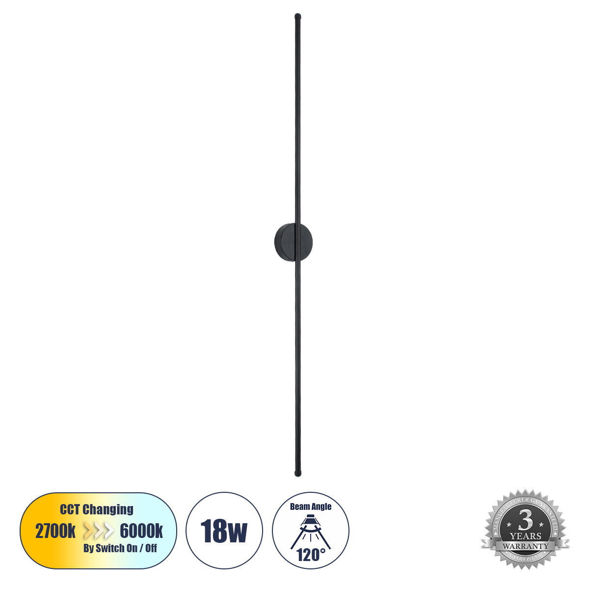 LEDTM® DIADEM 61333 Μοντέρνο Φωτιστικό Τοίχου - Απλίκα LED 18W 2160lm 120° AC 220-240V IP20 Ρυθμιζόμενο Λευκό CCT με On/Off 2700K/4500K/6000K - Lumileds SMD Chip - Μαύρο Ματ - Μ10 x Π4 x Υ120cm - 3 Χρόνια Εγγύηση - Image 2