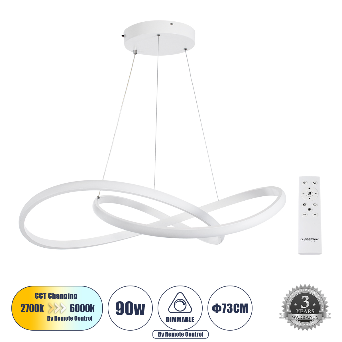 LEDTM® DEXTER 60914 Μοντέρνο Κρεμαστό Φωτιστικό Οροφής LED 90W 10080lm 300° AC 220-240V IP20 Ρυθμιζόμενο Λευκό CCT με Χειριστήριο από 2700K έως 6000K Dimmable - Lumileds SMD Chip - Λευκό Ματ - Μ73 x Π73 x Υ16cm - 3 Χρόνια Εγγύηση - Image 2