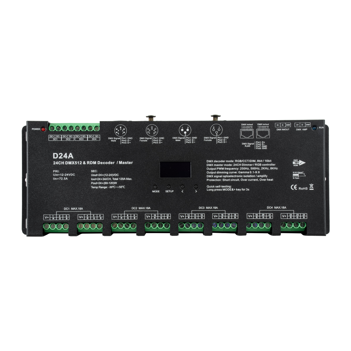 LEDTM® SKYDANCE-D24A 70673 DC DMX Master Dimmer / Controller / Decoder Υψηλής Ταχύτητας με 24 x 3A 72W Κανάλια DC 12-24V 72.5A 1740W Max IP20 - DMX512 & RDM - Μ16.7 x Π5 x Υ2.4cm - 5 Χρόνια Εγγύηση - Image 4