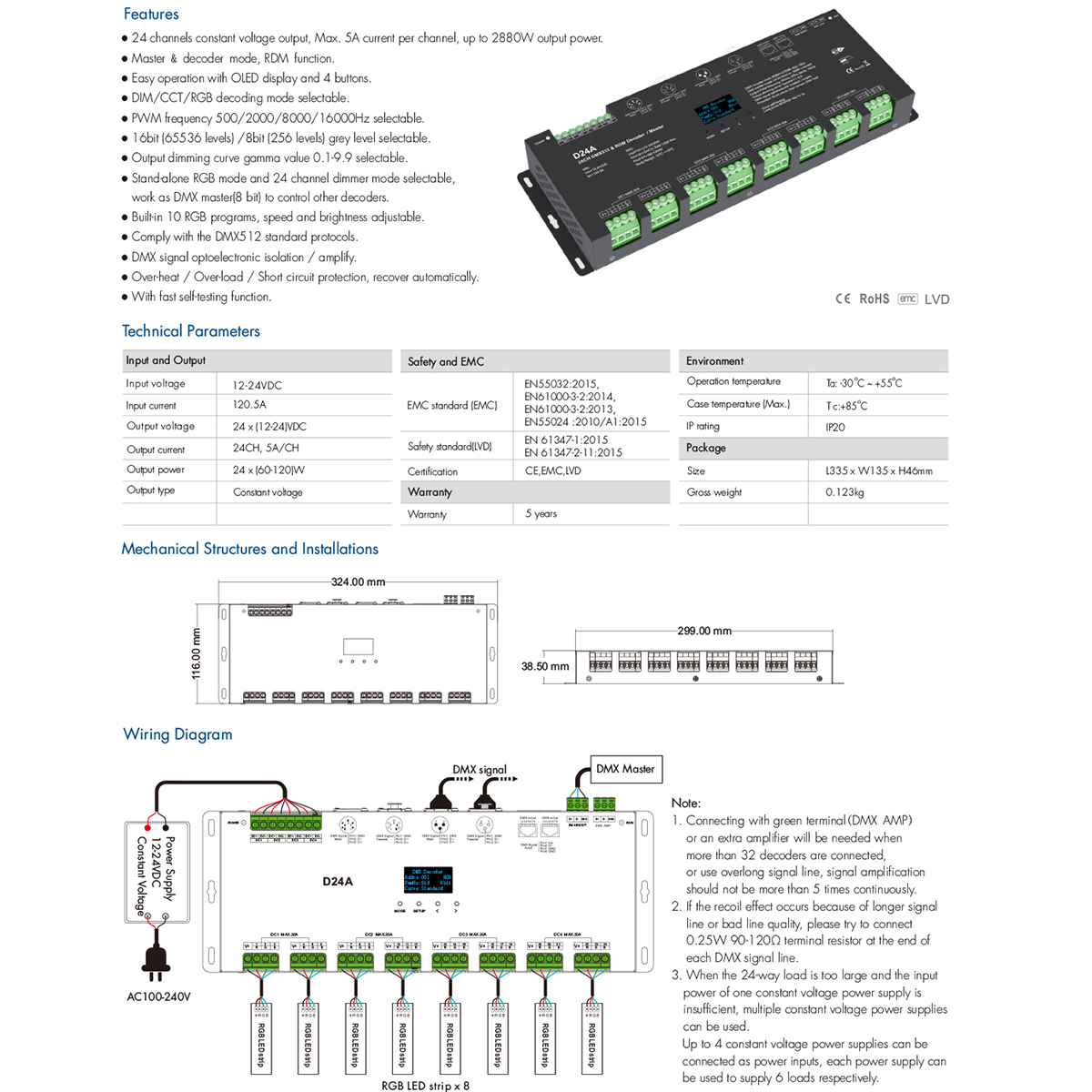 LEDTM® SKYDANCE-D24A 70673 DC DMX Master Dimmer / Controller / Decoder Υψηλής Ταχύτητας με 24 x 3A 72W Κανάλια DC 12-24V 72.5A 1740W Max IP20 - DMX512 & RDM - Μ16.7 x Π5 x Υ2.4cm - 5 Χρόνια Εγγύηση - Image 8