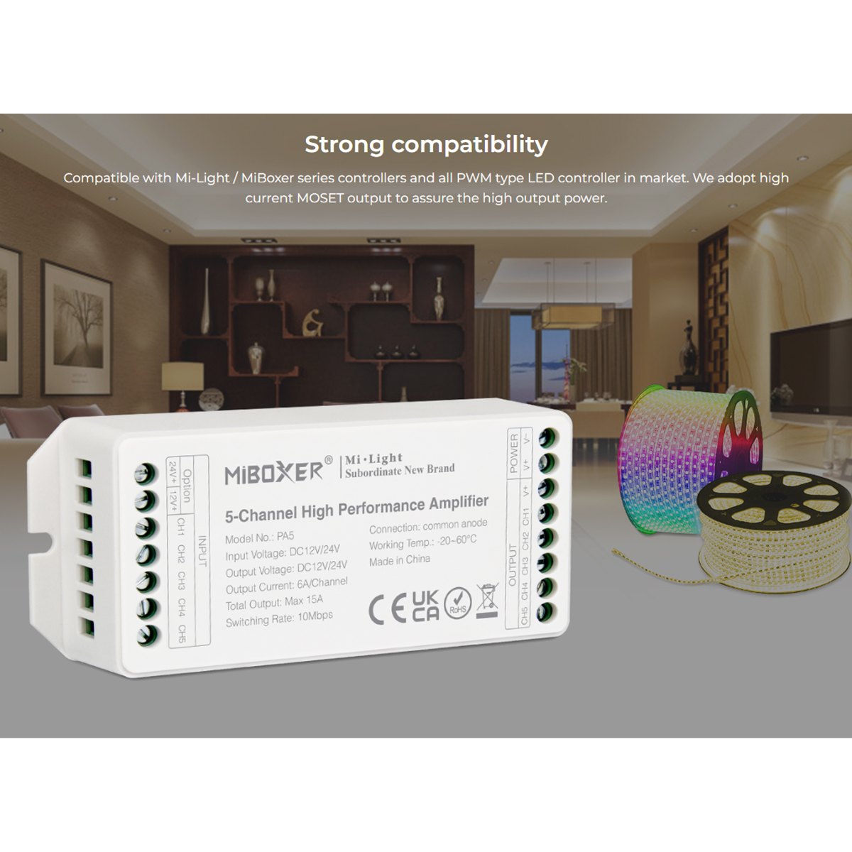 LEDTM® MiBOXER-PA5 71429 DC Ενισχυτής Ισχύος & Σήματος Υψηλής Ταχύτητας με 5 x 6A 144W Κανάλια DC 12-24V 15A 360W Max IP20 - Μ11.4 x Π4.9 x Υ2.8cm - 5 Χρόνια Εγγύηση - Image 13