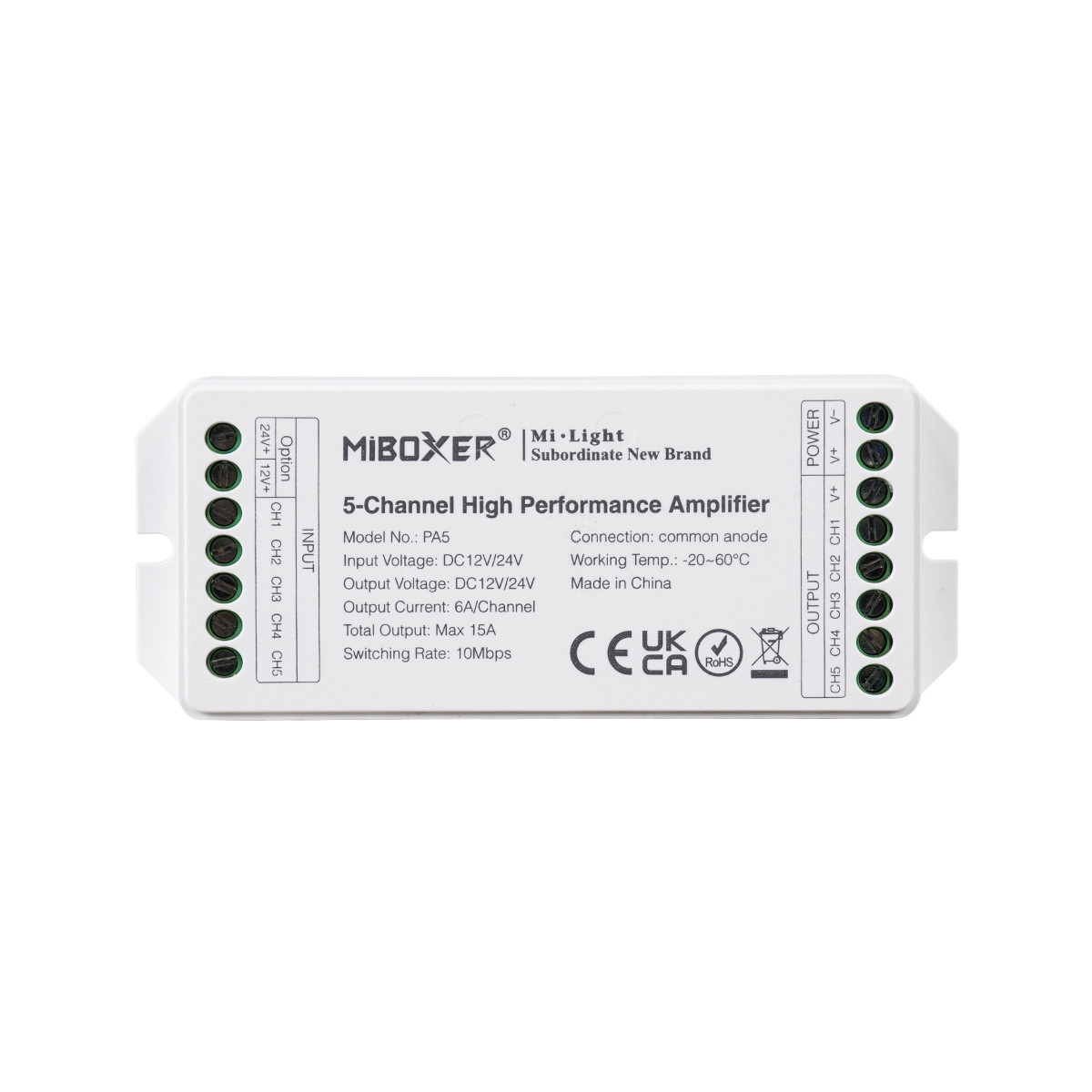 LEDTM® MiBOXER-PA5 71429 DC Ενισχυτής Ισχύος & Σήματος Υψηλής Ταχύτητας με 5 x 6A 144W Κανάλια DC 12-24V 15A 360W Max IP20 - Μ11.4 x Π4.9 x Υ2.8cm - 5 Χρόνια Εγγύηση - Image 3