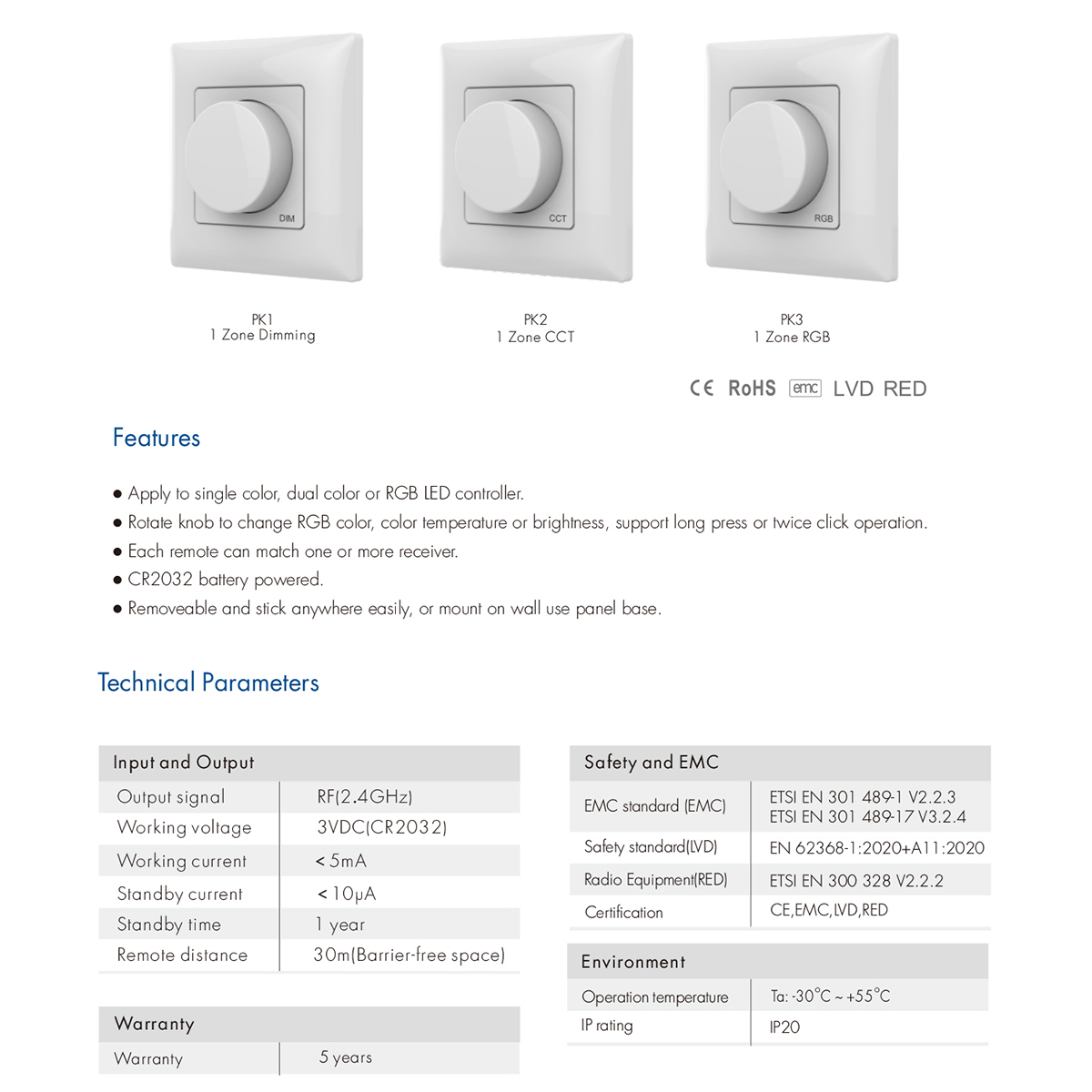 LEDTM® 71443 K1 Mi-BOXER Ασύρματο Επιτοίχιο Χειριστήριο Dimmer RF 2.4Ghz για όλα τα Μονόχρωμα Mi-BOXER Controller DC 3V 1 x CR2032 - IP20 Λευκό Μ8.5 x Π8.5 x Υ2.5cm - 5 Years Warranty - Image 9
