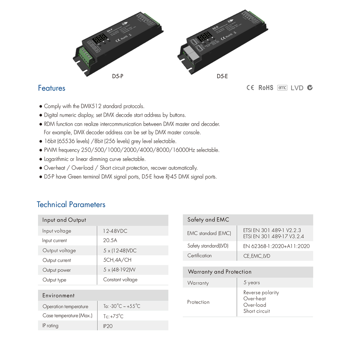 LEDTM® SKYDANCE-D5-P 71445 DC DMX Master Dimmer / Controller / Decoder Υψηλής Ταχύτητας με 5 x 4A 192W Κανάλια DC 12-48V 20.5A 960W Max IP20 - DMX512 & RDM - Μ17.5 x Π4.5 x Υ3.5cm - 5 Χρόνια Εγγύηση - Image 7