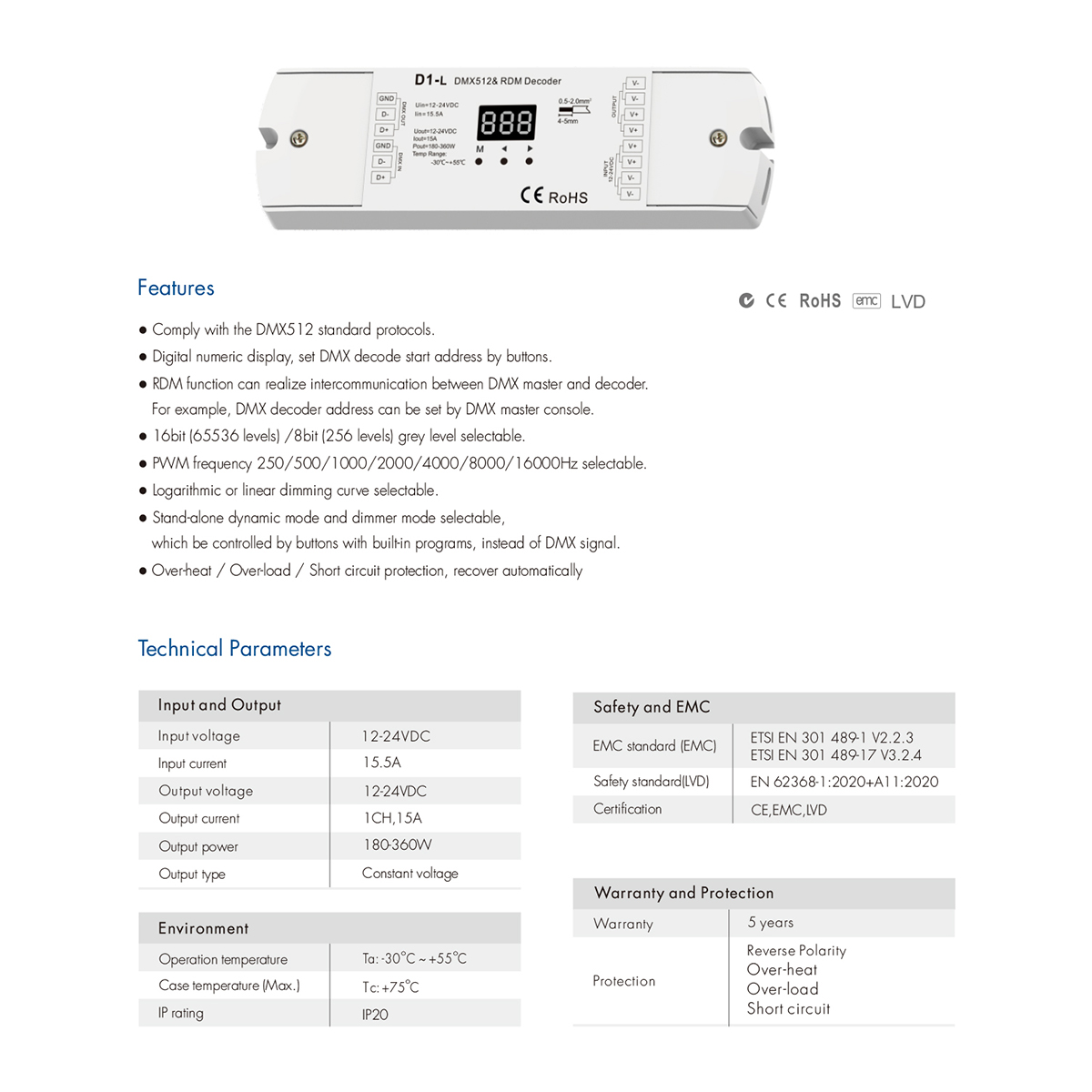 LEDTM® SKYDANCE-D1-L 71446 DC DMX Master Dimmer / Controller / Decoder Υψηλής Ταχύτητας με 1 x 15.5A 360W Κανάλια DC 12-24V 15.5A 360W Max IP20 - DMX512 & RDM - Μ17 x Π5 x Υ2.5cm - 5 Χρόνια Εγγύηση - Image 8