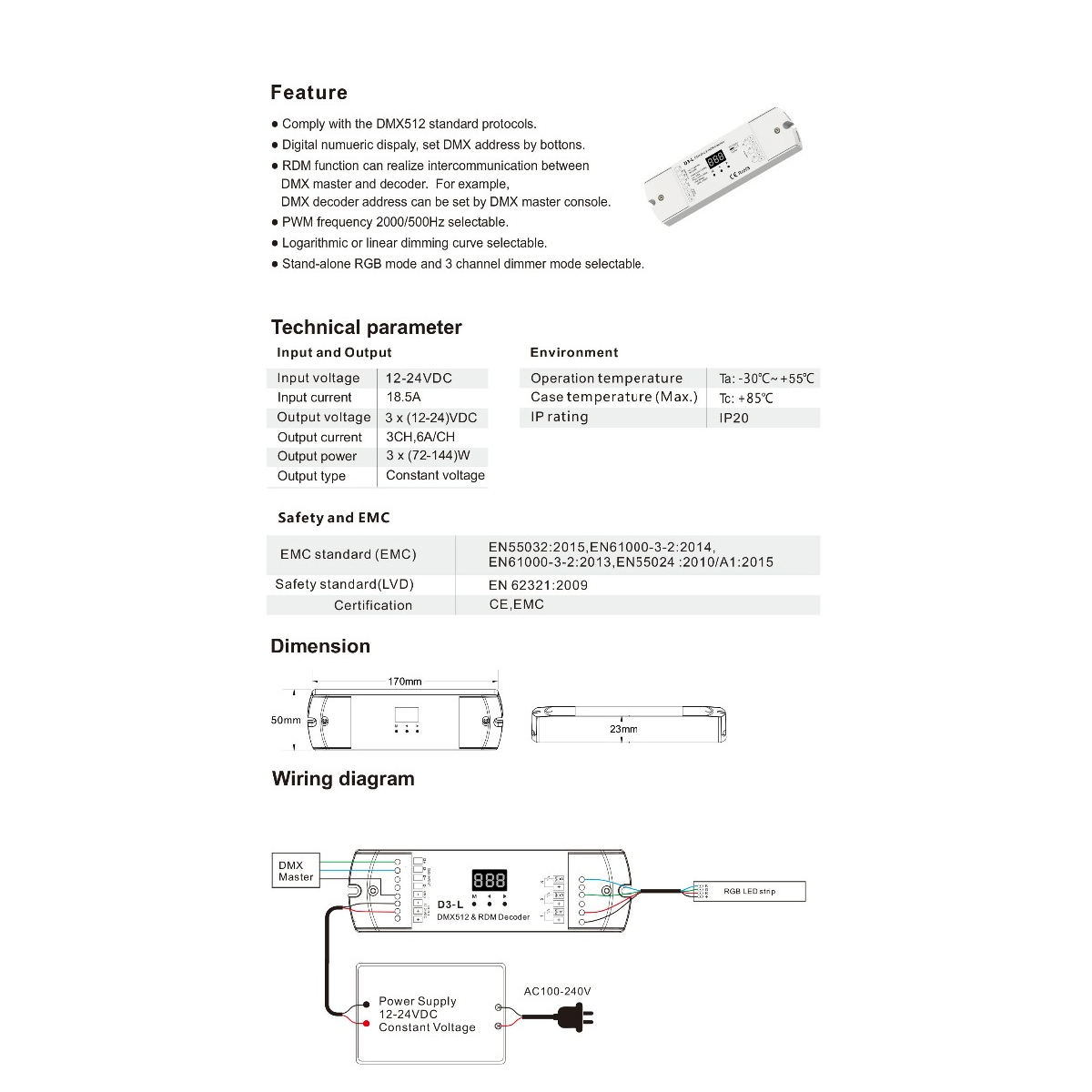 LEDTM® 71447 D3-L SKYDANCE DC DMX & RDM Dimmer High Speed Controller / Decoder 3 Καναλιών DC 12-24V 3 x 6A 144W - Max 18.5A 432W - IP20 Μ17 x Π5 x Υ2.5cm - 5 Years Warranty - Image 6