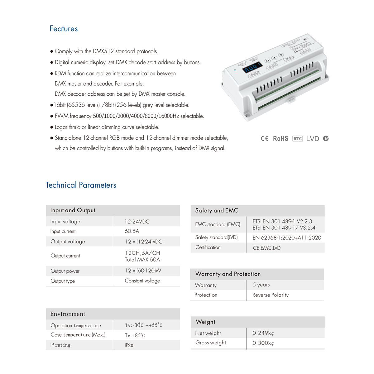 LEDTM® 71449 D12 SKYDANCE DC DMX & RDM Dimmer Din Rail Ράγας High Speed Controller / Decoder / Master 12 Καναλιών DC 12-24V 12 x 5A 120W - Max 60.5A 1440W - IP20 Μ15.5 x Π9 x Υ6cm - 5 Years Warranty - Image 8
