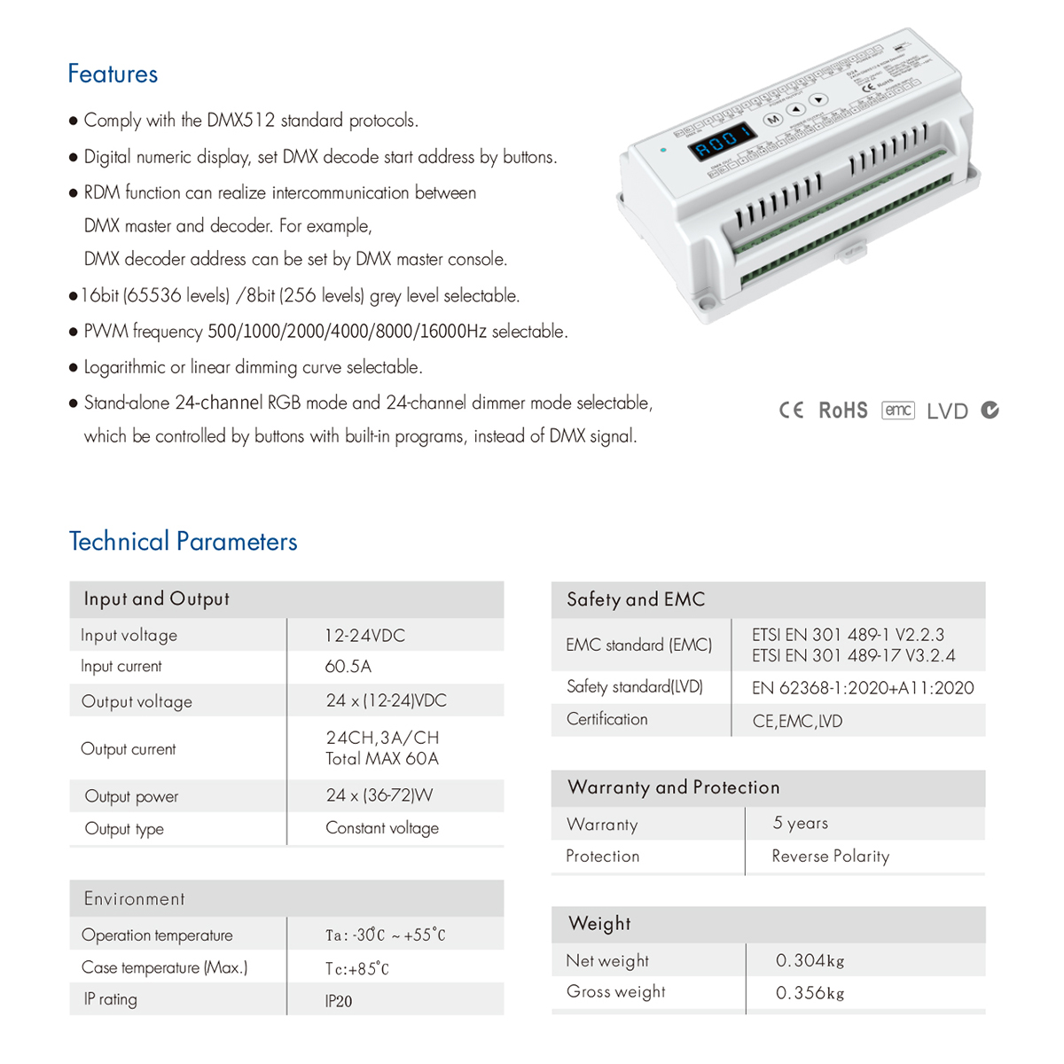 LEDTM® SKYDANCE-D24 71450 DC DMX Master Dimmer / Controller / Decoder Υψηλής Ταχύτητας με 24 x 3A 72W Κανάλια DC 12-24V 60A 1440W Max IP20 - DMX512 & RDM - Μ16 x Π9 x Υ6cm - 5 Χρόνια Εγγύηση - Image 10