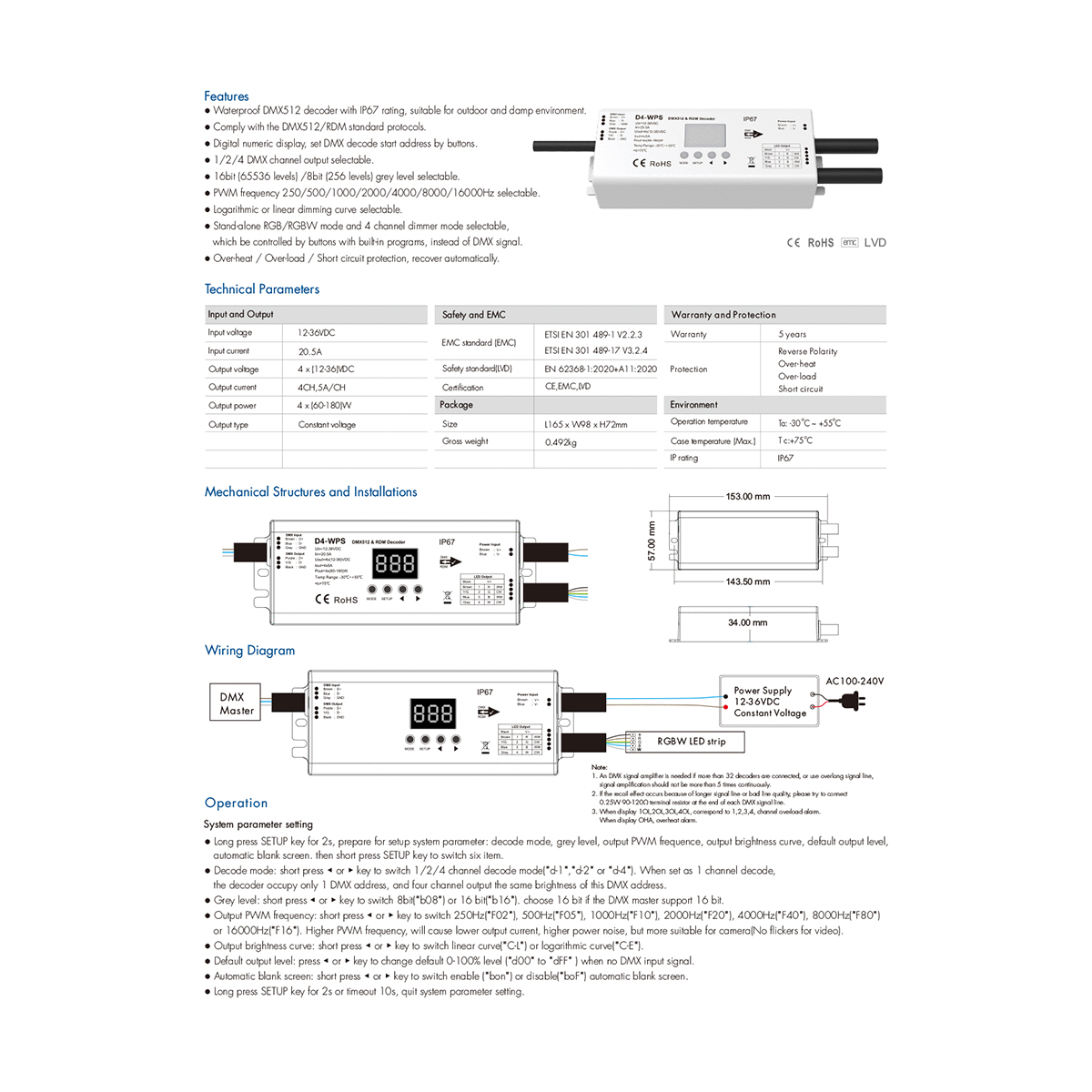 LEDTM® 71571-IP65 D4-WP SKYDANCE DC DMX & RDM Dimmer High Speed Controller / Decoder 4 Καναλιών DC 12-36V 4 x 5A 180W - Max 20.5A 720W - Αδιάβροχος IP65 Μ17 x Π8 x Υ4cm - 5 Years Warranty - Image 6