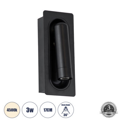 Alternative view of LEDTM® MANHATTAN 61097 Μοντέρνο Φωτιστικό Τοίχου - Απλίκα Ξενοδοχείου Reading Light LED 3W 405lm 36° AC 220-240V IP20 Φυσικό Λευκό 4500K - Bridgelux COB Chip & TÜV SÜD Driver - Μαύρο - Μ7 x Π7 x Υ17cm - 3 Χρόνια Εγγύηση
