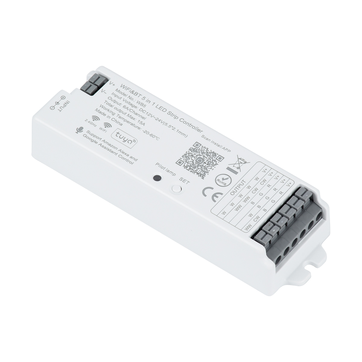 LEDTM® TUYA-WB5 73008 DC WiFi & Bluetooth Master Dimmer / Controller Υψηλής Ταχύτητας με 5 x 6A 72W Κανάλια DC 12-24V 15A 360W Max IP20 - WiFi & Bluetooth - Μ12.2 x Π3.8 x Υ2.2cm - 5 Χρόνια Εγγύηση - Image 2