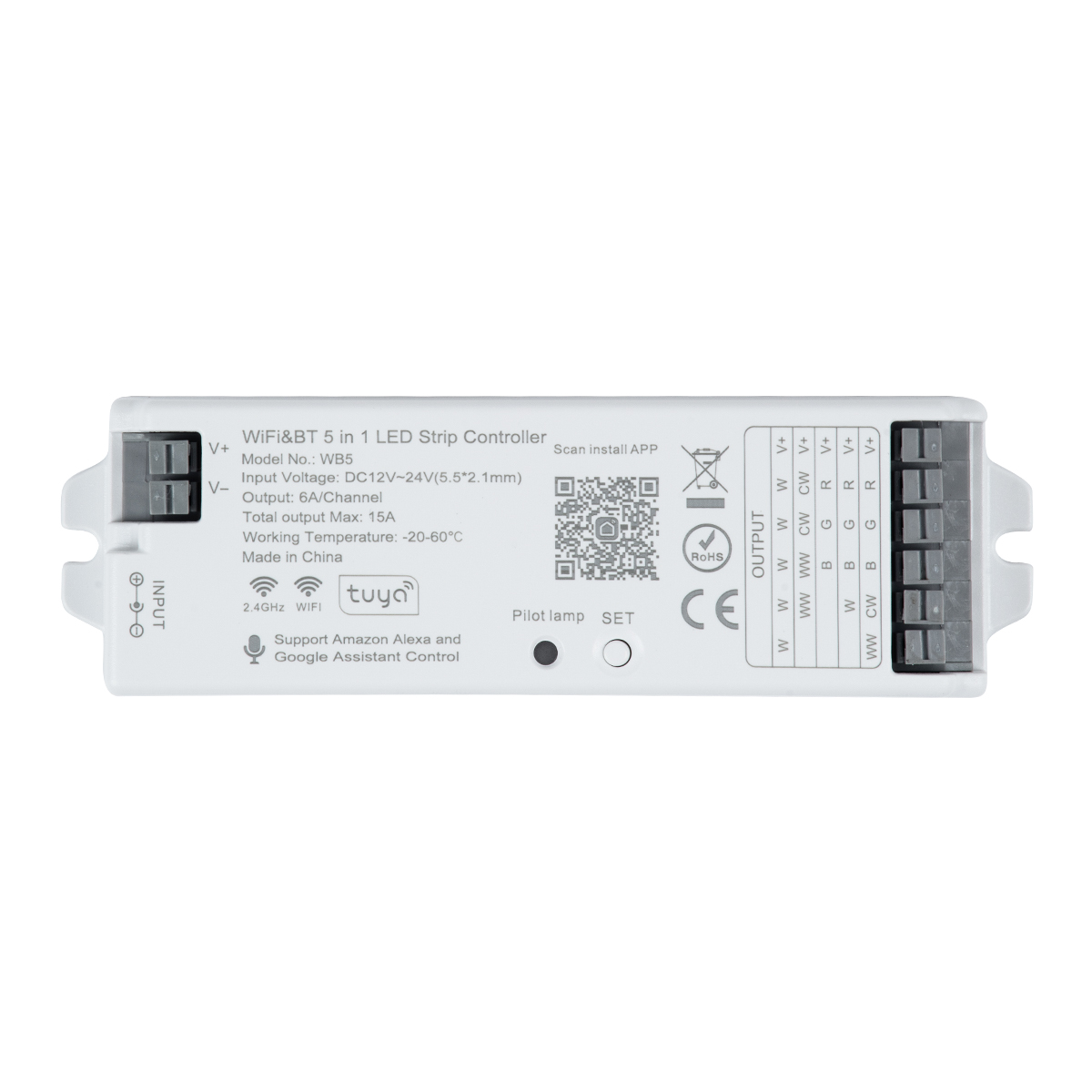 LEDTM® TUYA-WB5 73008 DC WiFi & Bluetooth Master Dimmer / Controller Υψηλής Ταχύτητας με 5 x 6A 72W Κανάλια DC 12-24V 15A 360W Max IP20 - WiFi & Bluetooth - Μ12.2 x Π3.8 x Υ2.2cm - 5 Χρόνια Εγγύηση - Image 3