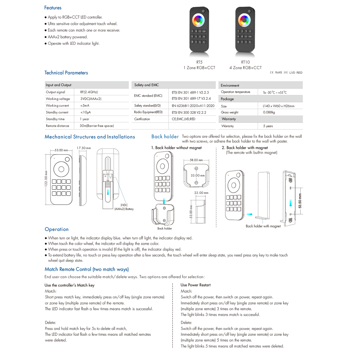 LEDTM® 73009 RT5 SKYDANCE Ασύρματο Χειριστήριο Αφής RF 2.4Ghz 1 Group για όλα τα RGBW+WW SKYDANCE Controller DC 3V 2 x AAA - IP20 Μαύρο Μ5.3 x Π1.75 x Υ12.2cm - 5 Years Warranty - Image 10