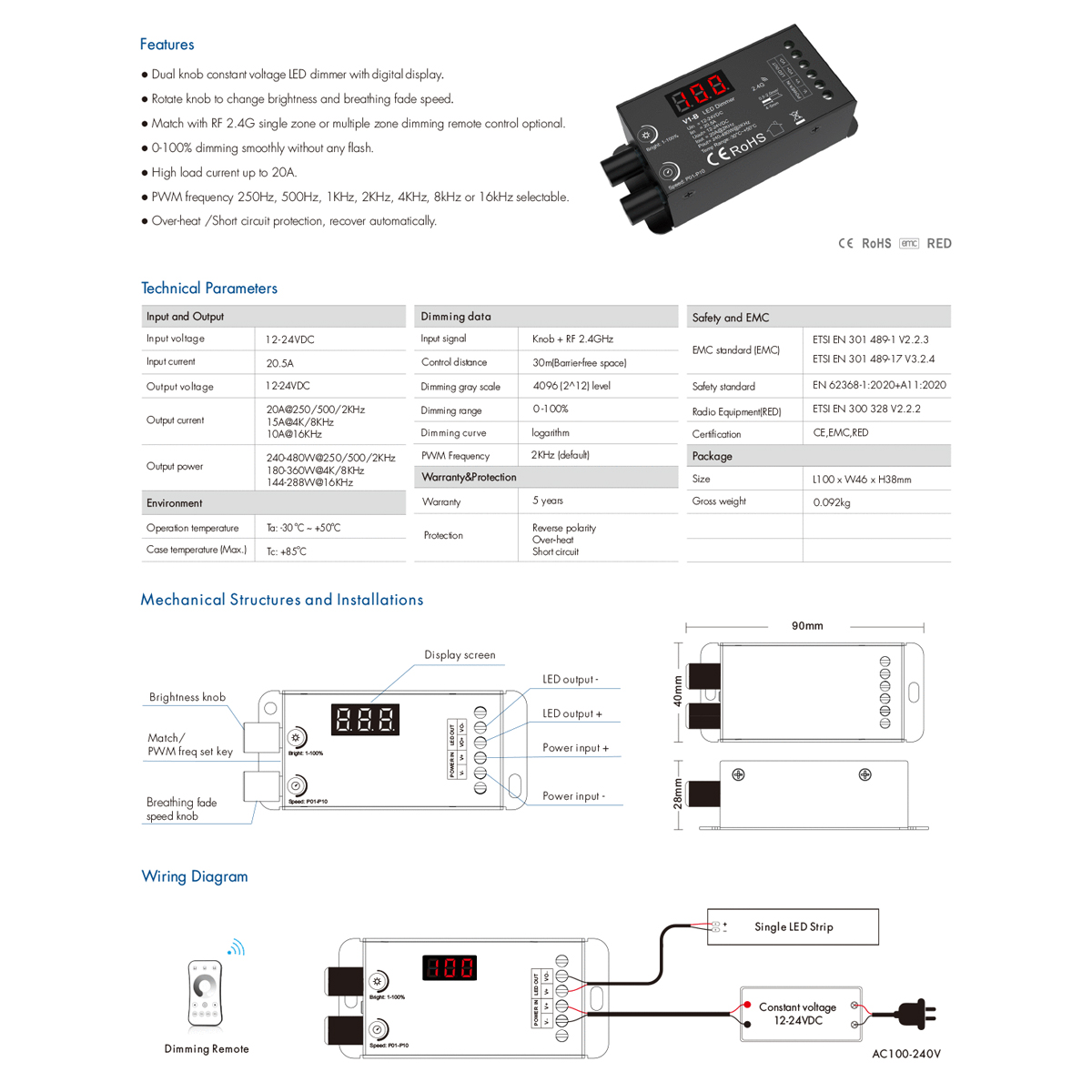 LEDTM® 73116 V1-B SKYDANCE DC RF 2.4Ghz Dimmer Constant Voltage Controller 1 Κανάλι DC 12-24V 1 x 20.5A 480W - Max 20.5A 480W - IP20 Μ9 x Π4 x Υ2.8cm - 5 Χρόνια Εγγύηση - Image 8