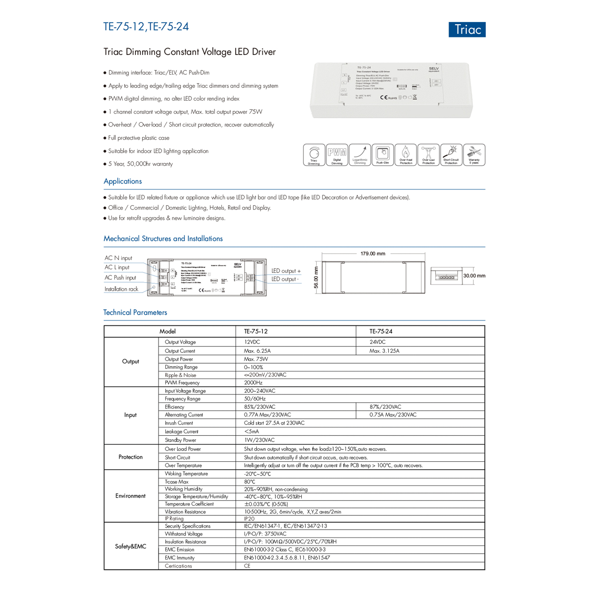 LEDTM® 73129 TE-75-12 SKYDANCE AC Triac Dimmer Push Dimming 1 Κανάλι AC 200-240V 1 x 6.25A 75W - Max 6.25A 75W - IP20 Μ18 x Π5.7 x Υ3cm - 5 Χρόνια Εγγύηση - Image 8