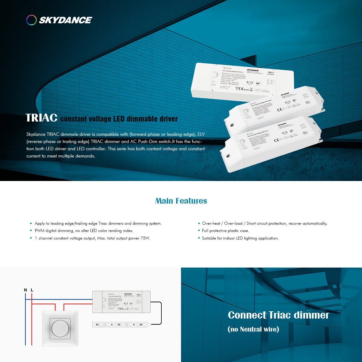 LEDTM® SKYDANCE-TE-75-24 73130 DC Triac & Push Dimmer CV Τροφοδοτικό/Μετασχηματιστής SELV με 1 x 3.125A 75W Κανάλι AC 220-240V σε DC 24V 3.125A 75W Max IP20 - Triac & Push Dimming - Μ18 x Π5.7 x Υ3cm - 5 Χρόνια Εγγύηση - Image 9