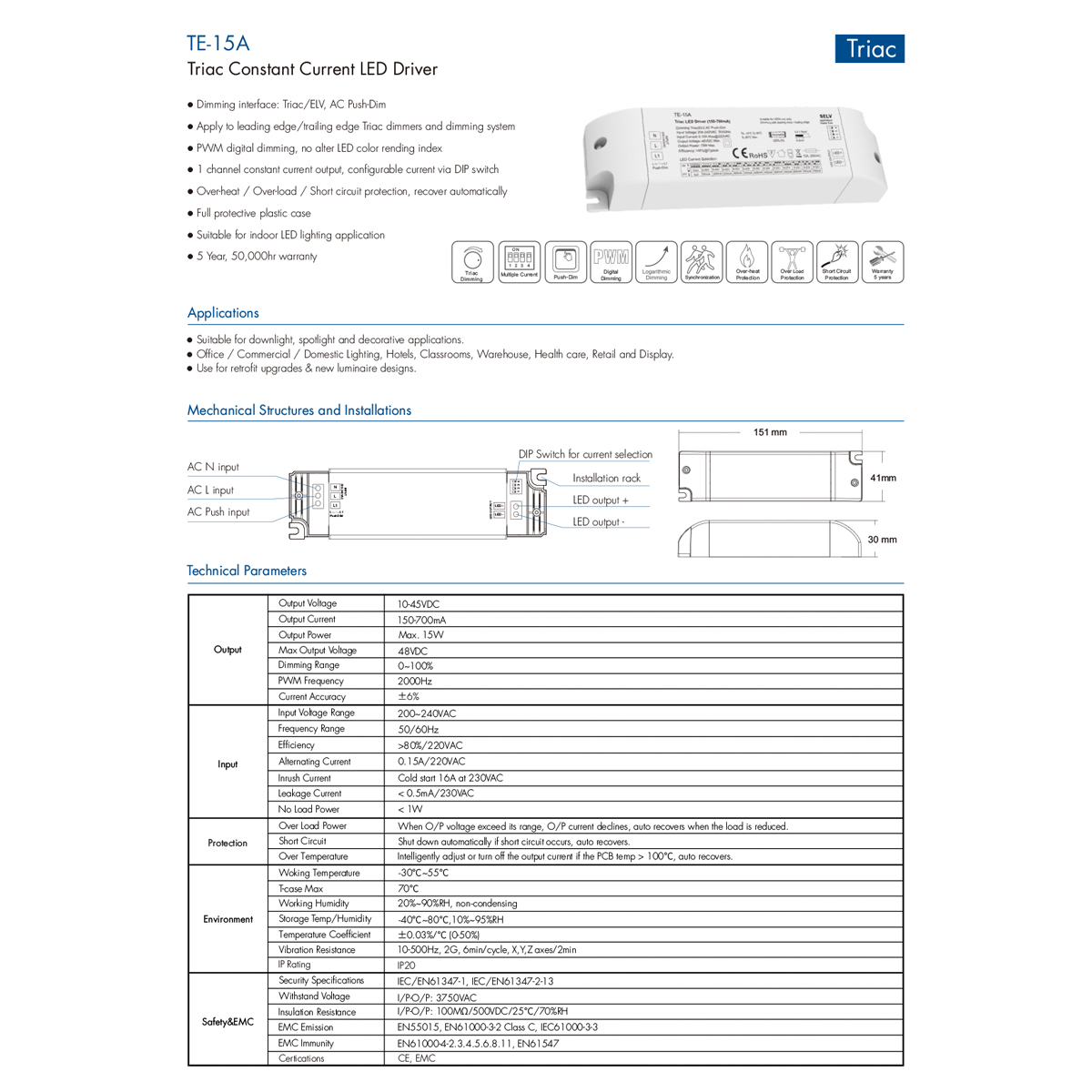 LEDTM® 73133 TE-15A SKYDANCE AC Triac Dimmable Constant Current LED Driver Push Dimming 1 Κανάλι AC 200-240V 1 x 0.15A 15W - Max 0.15A 15W - IP20 Μ15.1 x Π4.1 x Υ3cm - 5 Χρόνια Εγγύηση - Image 9
