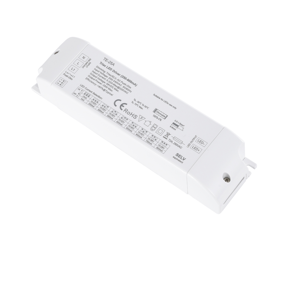 LEDTM® SKYDANCE-TE-25A 73134 DC Triac & Push Dimmer CC Τροφοδοτικό/Μετασχηματιστής SELV με 1 x 250-900mA 25W Κανάλι AC 220-240V σε DC 10-52V 900mA 25W Max IP20 - Triac & Push Dimming - Μ17.5 x Π4.4 x Υ3cm - 5 Χρόνια Εγγύηση - Image 2