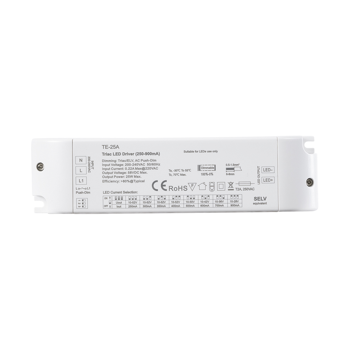 LEDTM® SKYDANCE-TE-25A 73134 DC Triac & Push Dimmer CC Τροφοδοτικό/Μετασχηματιστής SELV με 1 x 250-900mA 25W Κανάλι AC 220-240V σε DC 10-52V 900mA 25W Max IP20 - Triac & Push Dimming - Μ17.5 x Π4.4 x Υ3cm - 5 Χρόνια Εγγύηση - Image 3