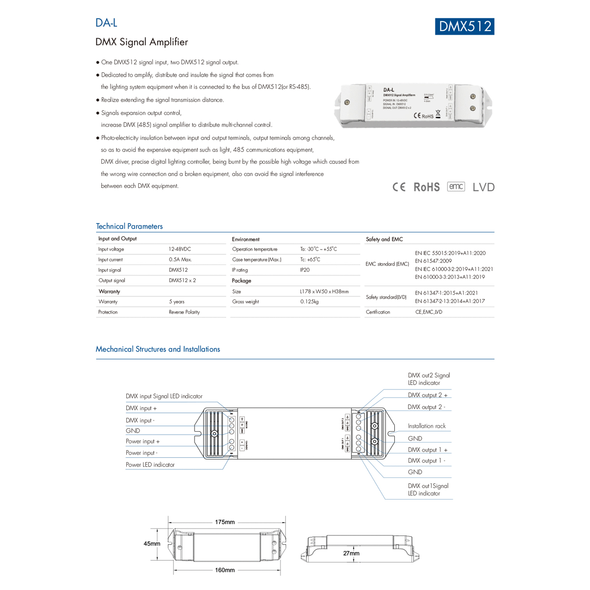 LEDTM® 73138 DA-L SKYDANCE DC DMX512 Signal Amplifier 2 Καναλιών DC 12-48V - IP20 Μ17.5 x Π4.5 x Υ2.5cm - 5 Χρόνια Εγγύηση - Image 9