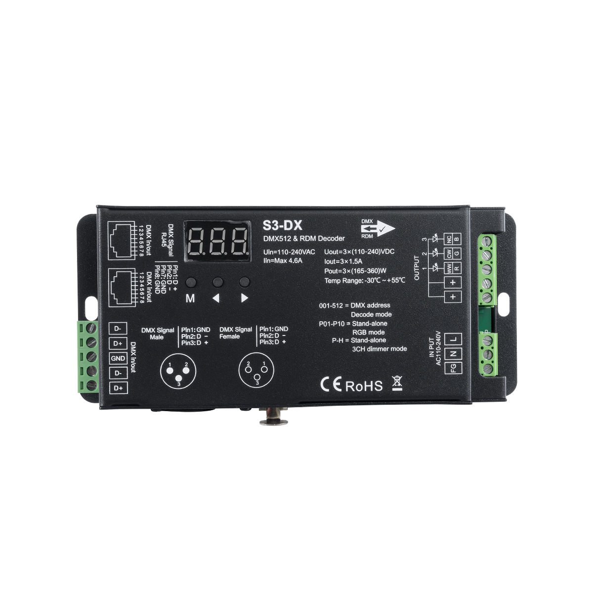 LEDTM® 73144 S3-DX SKYDANCE AC DMX512 High Voltage LED Strip Decoder 3 Καναλιών AC 110-240V 3 x 1.5A 360W - Max 4.6A 360W - IP20 Π16.5 x Π7 x Υ3.7cm - 5 Χρόνια Εγγύηση - Image 3