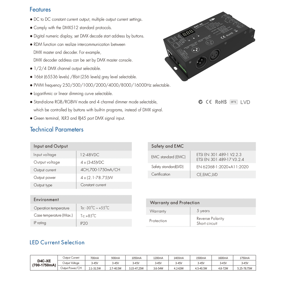 LEDTM® SKYDANCE-D4C-XE 73147 DC CC DMX Master Dimmer / Controller / Decoder Υψηλής Ταχύτητας με 4 x 700-1750mA 2.1-78.75W Κανάλια DC 12-48V σε DC 3-45V 7000mA 315W Max IP20 - DMX512 & RDM - Μ16.5 x Π7 x Υ3.7cm - 5 Χρόνια Εγγύηση - Image 8