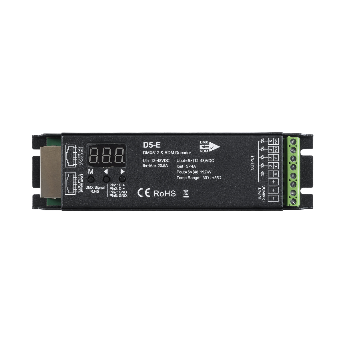 LEDTM® SKYDANCE-D5-E 73148 DC DMX Master Dimmer / Controller / Decoder Υψηλής Ταχύτητας με 5 x 4A 192W Κανάλια DC 12-48V 20.5A 960W Max IP20 - DMX512 & RDM - Μ17.5 x Π4.5 x Υ3.3cm - 5 Χρόνια Εγγύηση - Image 3