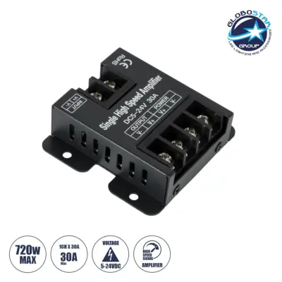 LEDTM® AMPLIFIER 73396 DC Ενισχυτής Ισχύος & Σήματος Υψηλής Ταχύτητας με 1 x 30A 720W Κανάλια DC 5-24V Max IP20 - Μ6.3 x Π6.7 x Υ2cm - 3 Χρόνια Εγγύηση