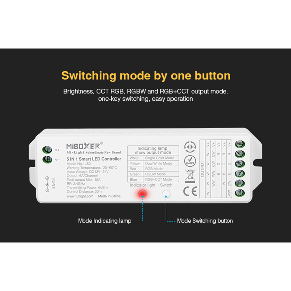 LEDTM® 73422 LS2 Mi-BOXER DC RF 2.4Ghz 5 in 1 Dimmer High Speed Controller / Dimmer 5 Καναλιών DC 12-24V 5 x 3A 72W - Max 15A 360W - IP20 RGBW+WW Μ13 x Π5 x Υ2.5cm - 5 Years Warranty - Image 12
