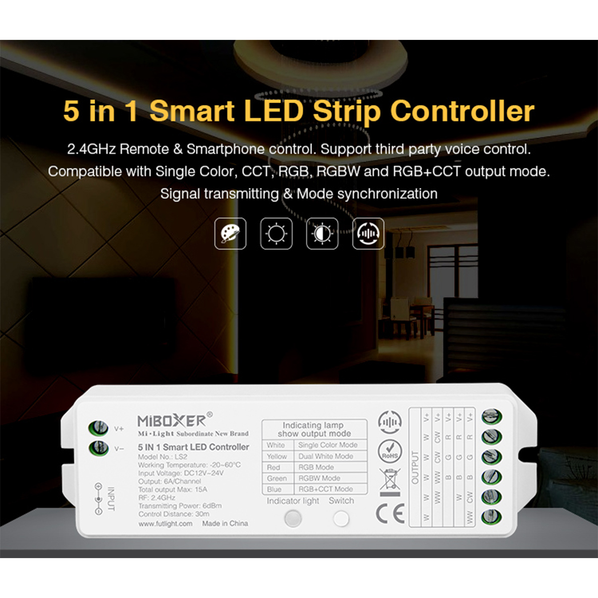 LEDTM® 73422 LS2 Mi-BOXER DC RF 2.4Ghz 5 in 1 Dimmer High Speed Controller / Dimmer 5 Καναλιών DC 12-24V 5 x 3A 72W - Max 15A 360W - IP20 RGBW+WW Μ13 x Π5 x Υ2.5cm - 5 Years Warranty - Image 9