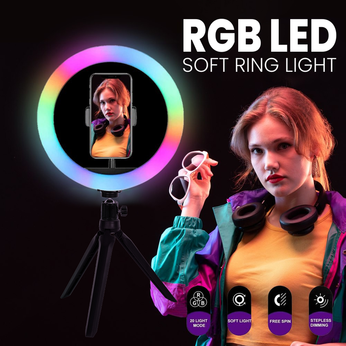 LEDTM® 75800 Professional Digital Ring Light Φ20cm LED SMD 20W 2000lm 180° DC 5V με Καλώδιο Τροφοδοσίας USB - Ενσωματωμένο Χειριστήριο Εναλλαγής Χρωμάτων & 1 Βάση Τηλεφώνου - Πολύχρωμο RGBW+WW Dimmable - Image 10