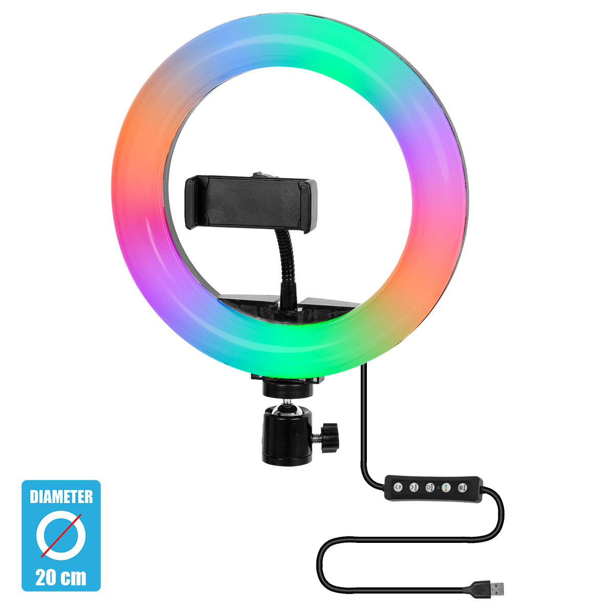 LEDTM® 75800 Professional Digital Ring Light Φ20cm LED SMD 20W 2000lm 180° DC 5V με Καλώδιο Τροφοδοσίας USB - Ενσωματωμένο Χειριστήριο Εναλλαγής Χρωμάτων & 1 Βάση Τηλεφώνου - Πολύχρωμο RGBW+WW Dimmable - Image 2