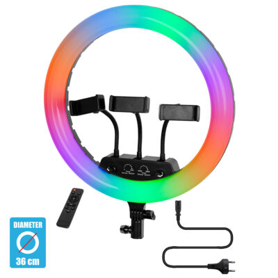 Alternative view of LEDTM® 75804 Professional Digital Ring Light Φ36cm LED SMD 50W 5000lm 180° AC 230V με Καλώδιο Τροφοδοσίας Πρίζας - Ασύρματο Χειριστήριο RF 2.4Ghz Εναλλαγής Χρωμάτων & 3 Βάσεις Τηλεφώνου - Πολύχρωμο RGBW+WW Dimmable