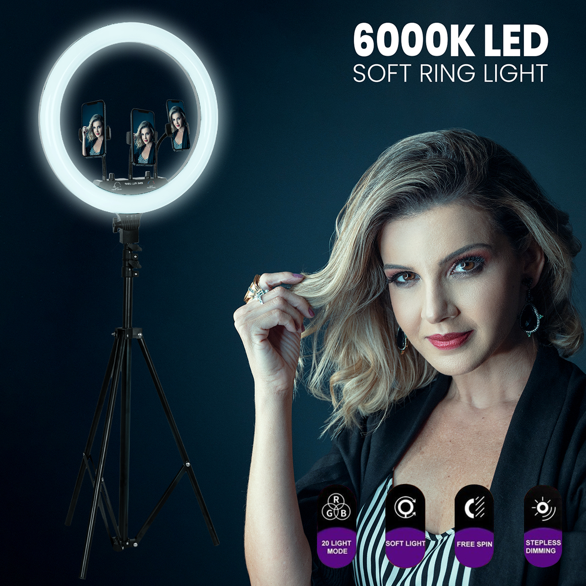 LEDTM® 75805 Professional Digital Ring Light Φ46cm LED SMD 70W 7000lm 180° AC 230V με Καλώδιο Τροφοδοσίας Πρίζας - Ασύρματο Χειριστήριο RF 2.4Ghz Εναλλαγής Χρωμάτων & 3 Βάσεις Τηλεφώνου - Πολύχρωμο RGBW+WW Dimmable - Image 10