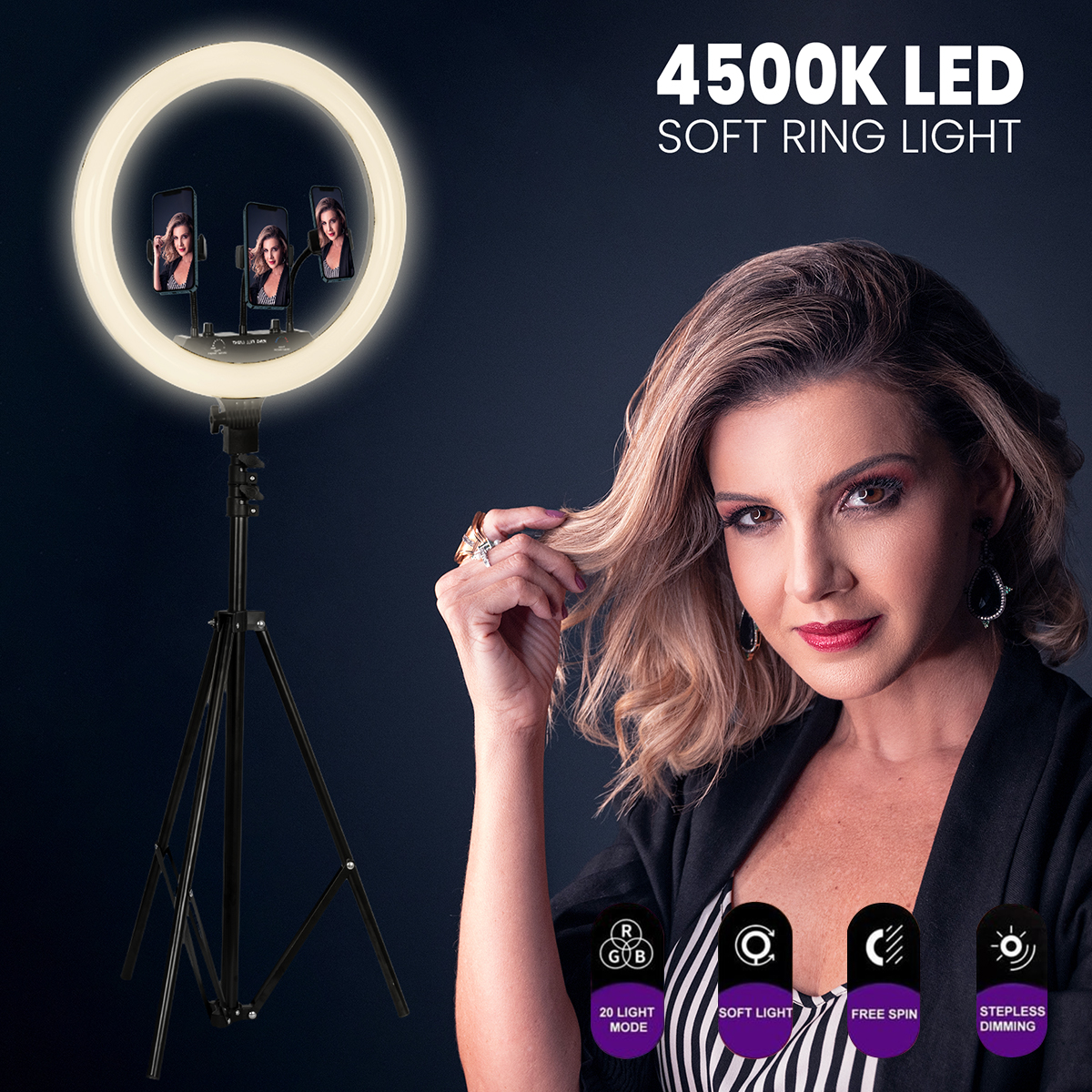 LEDTM® 75805 Professional Digital Ring Light Φ46cm LED SMD 70W 7000lm 180° AC 230V με Καλώδιο Τροφοδοσίας Πρίζας - Ασύρματο Χειριστήριο RF 2.4Ghz Εναλλαγής Χρωμάτων & 3 Βάσεις Τηλεφώνου - Πολύχρωμο RGBW+WW Dimmable - Image 11