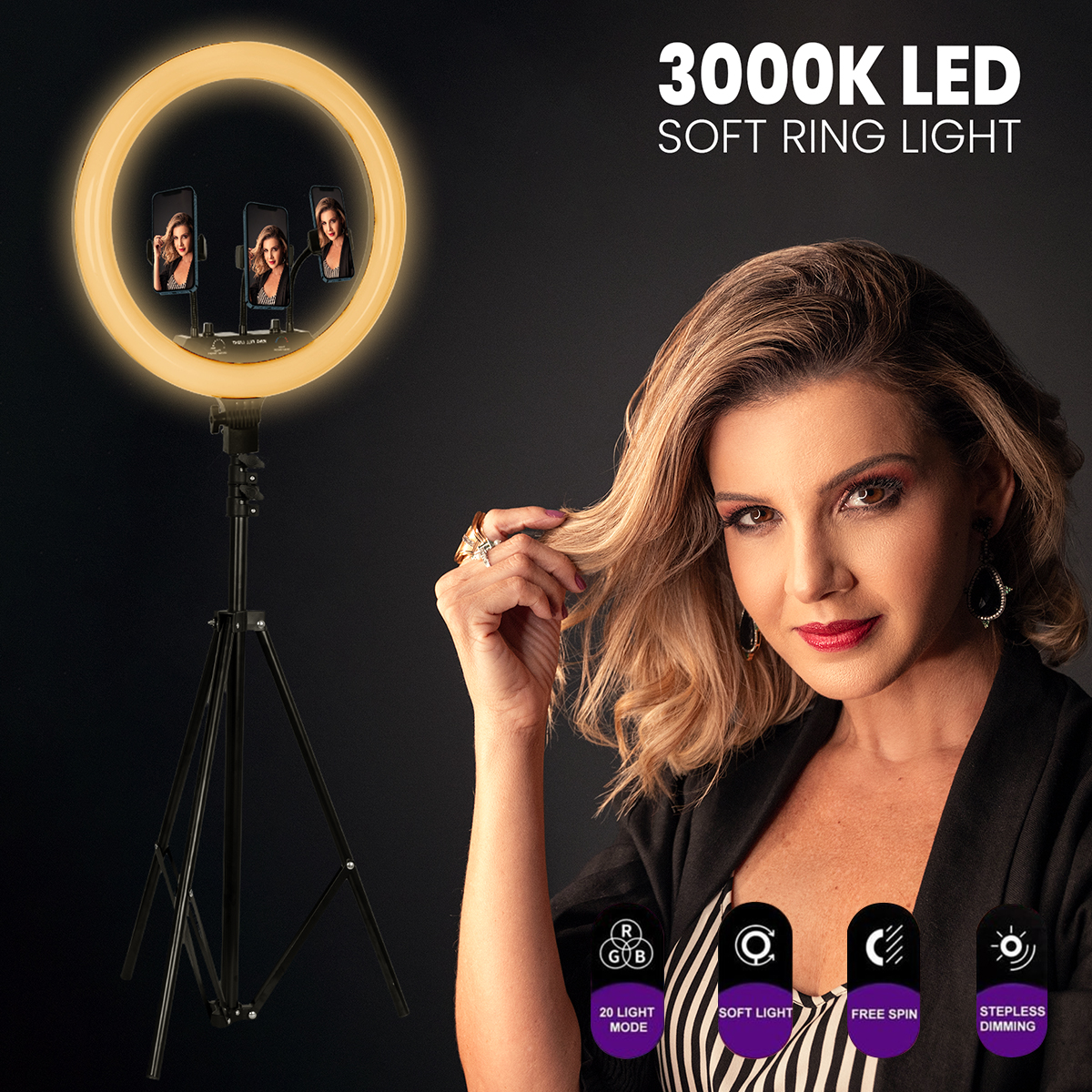 LEDTM® 75805 Professional Digital Ring Light Φ46cm LED SMD 70W 7000lm 180° AC 230V με Καλώδιο Τροφοδοσίας Πρίζας - Ασύρματο Χειριστήριο RF 2.4Ghz Εναλλαγής Χρωμάτων & 3 Βάσεις Τηλεφώνου - Πολύχρωμο RGBW+WW Dimmable - Image 12