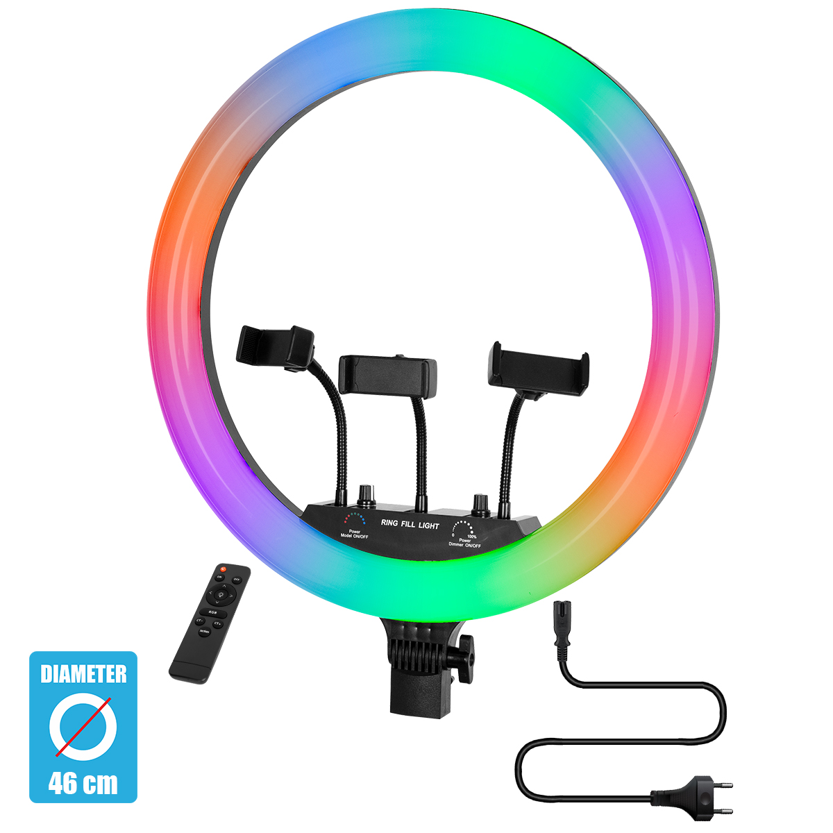 LEDTM® 75805 Professional Digital Ring Light Φ46cm LED SMD 70W 7000lm 180° AC 230V με Καλώδιο Τροφοδοσίας Πρίζας - Ασύρματο Χειριστήριο RF 2.4Ghz Εναλλαγής Χρωμάτων & 3 Βάσεις Τηλεφώνου - Πολύχρωμο RGBW+WW Dimmable - Image 2