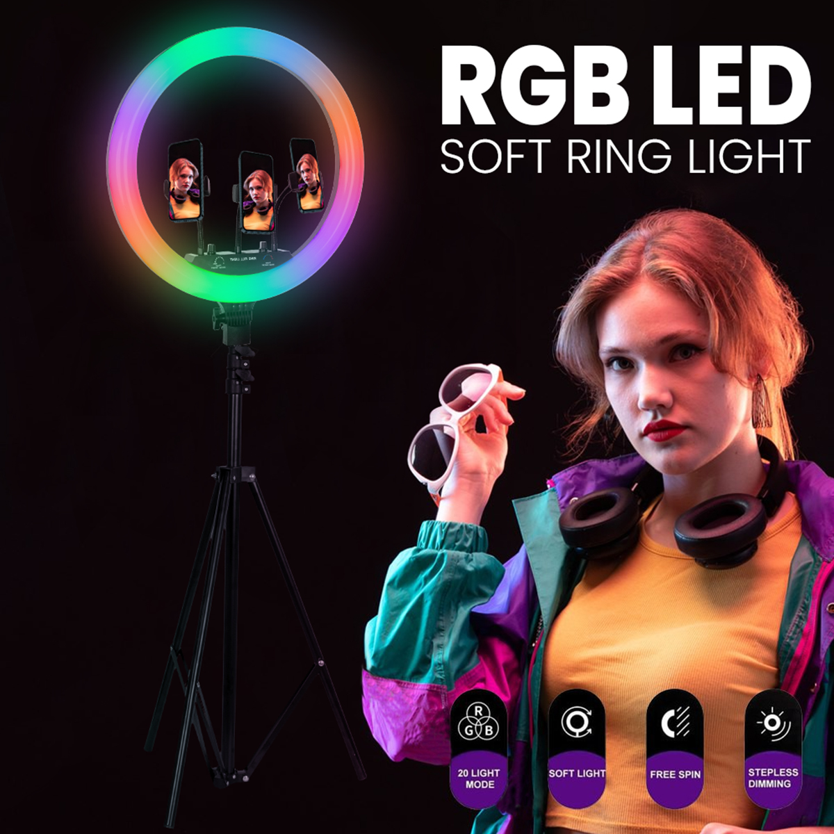 LEDTM® 75805 Professional Digital Ring Light Φ46cm LED SMD 70W 7000lm 180° AC 230V με Καλώδιο Τροφοδοσίας Πρίζας - Ασύρματο Χειριστήριο RF 2.4Ghz Εναλλαγής Χρωμάτων & 3 Βάσεις Τηλεφώνου - Πολύχρωμο RGBW+WW Dimmable - Image 9
