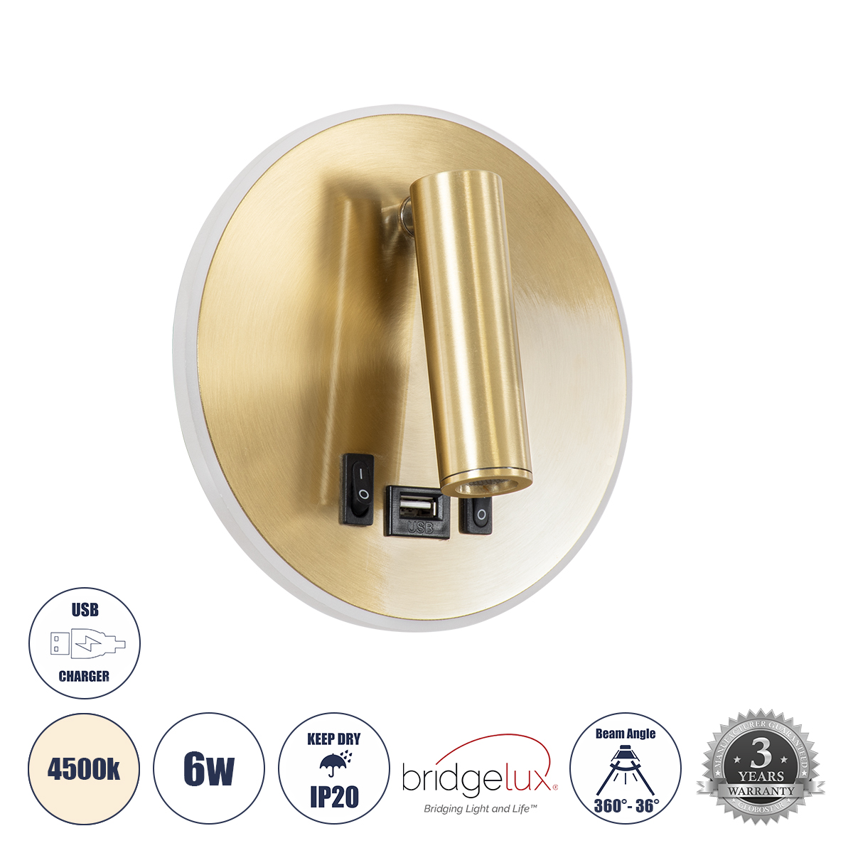 LEDTM® LADY-R 60940 Μοντέρνο Φωτιστικό Τοίχου - Απλίκα Ξενοδοχείου Reading Light με Φορτιστή USB 3A LED 6W 600lm 36° & 360° AC 220-240V IP20 Φυσικό Λευκό 4500K - Bridgelux COB Chip & TÜV SÜD Driver - Χρυσό Βούρτσας - Μ15 x Π15 x Υ17cm - 3 Χρόνια Εγγύηση - Image 2