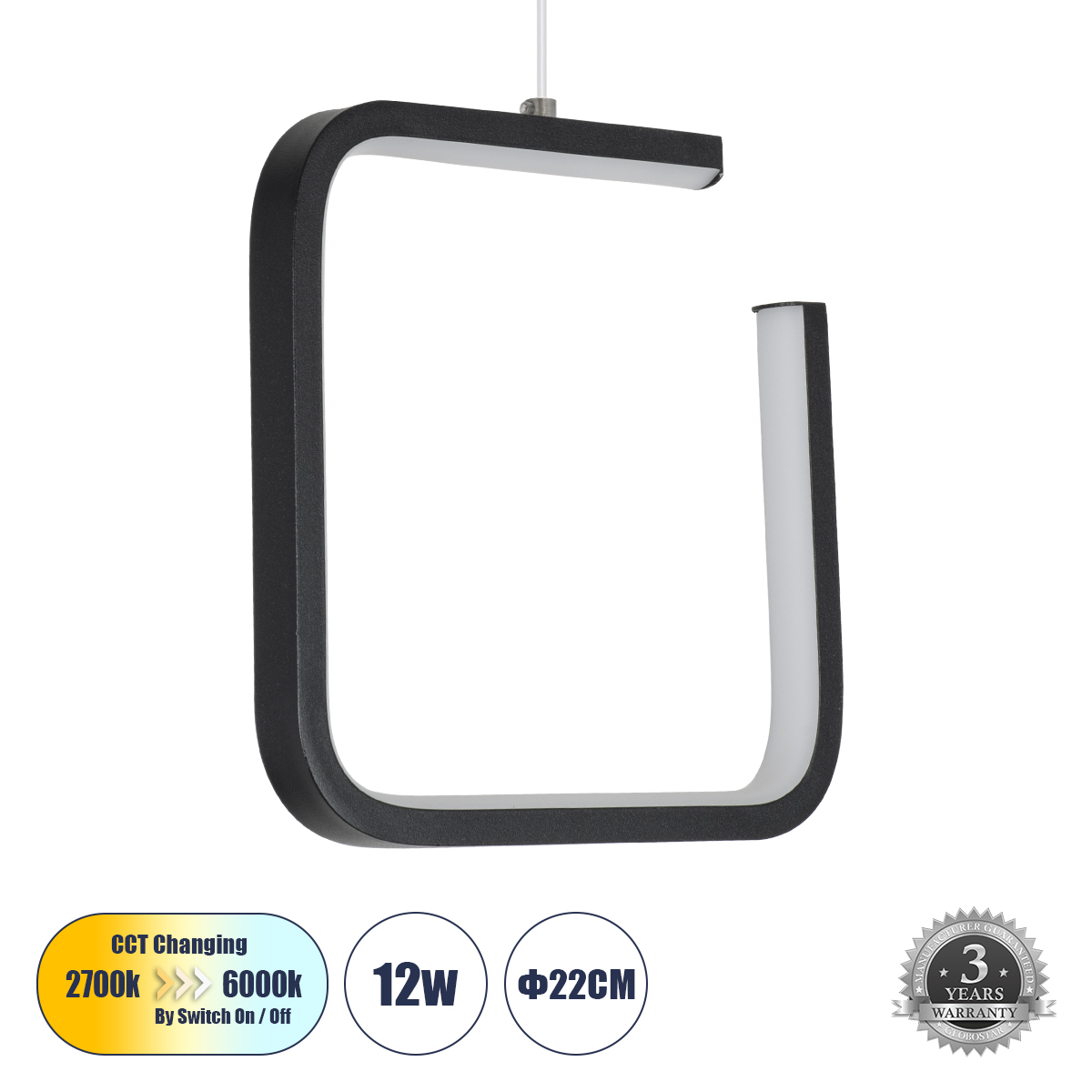 LEDTM® CEROBA 61308 Μοντέρνο Κρεμαστό Φωτιστικό Οροφής LED 12W 1320lm 360° AC 220-240V IP20 Ρυθμιζόμενο Λευκό CCT με On/Off 2700K/4500K/6000K - Lumileds SMD Chip - Μαύρο Ματ - Μ22 x Π2 x Υ22cm - 3 Χρόνια Εγγύηση - Image 2