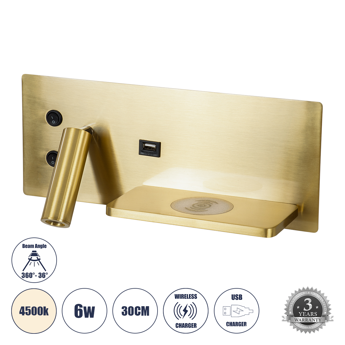 LEDTM® PALADIN 61358 Μοντέρνο Φωτιστικό Τοίχου - Απλίκα Ξενοδοχείου Reading Light με Φορτιστή USB 3A & Wireless 20W LED 6W 720lm 36° & 360° AC 220-240V IP20 Φυσικό Λευκό 4500K - Bridgelux COB Chip & TÜV SÜD Driver - Χρυσό Βούρτσας - Μ30 x Π11 x Υ12cm - 3 Χρόνια Εγγύηση - Image 2