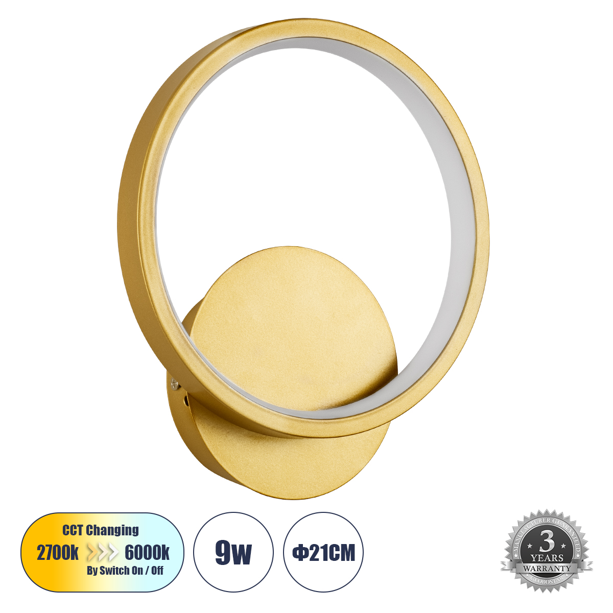 LEDTM® TED 61072 Μοντέρνο Φωτιστικό Τοίχου - Απλίκα LED 9W 1080lm 300° AC 220-240V IP20 Ρυθμιζόμενο Λευκό CCT με On/Off 2700K/4500K/6000K - Lumileds SMD Chip - Χρυσό Βούρτσας - Μ20 x Π5.5 x Υ23cm - 3 Χρόνια Εγγύηση - Image 2
