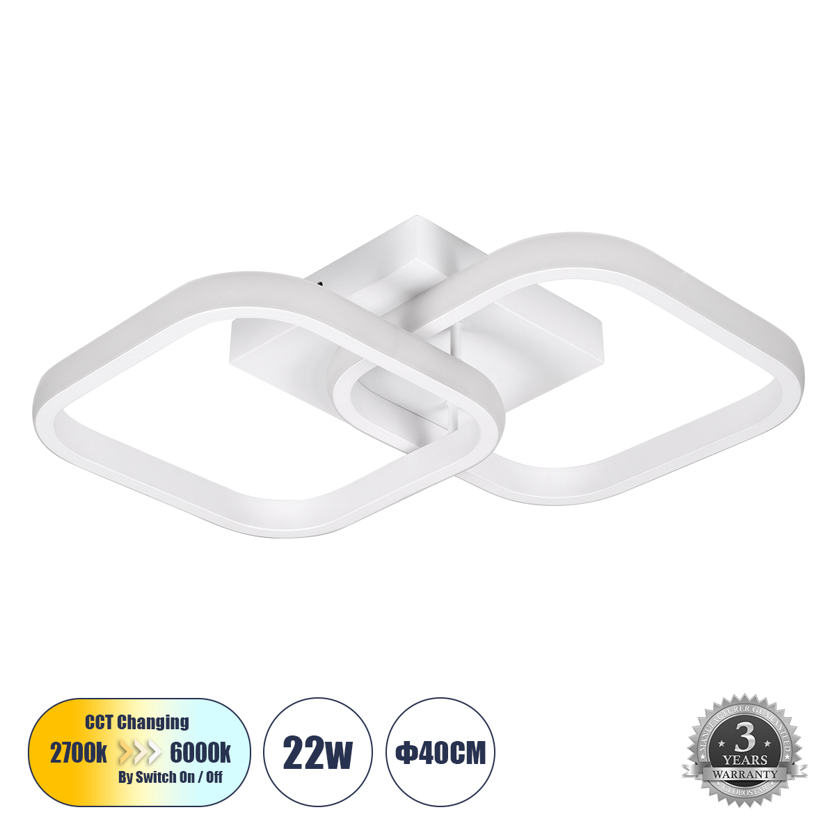 LEDTM® NORA 61062 Μοντέρνο Φωτιστικό Οροφής LED 22W 2640lm 300° AC 220-240V IP20 Ρυθμιζόμενο Λευκό CCT με On/Off 2700K/4500K/6000K - Lumileds SMD Chip - Λευκό Ματ - Μ40 x Π24 x Υ7cm - 3 Χρόνια Εγγύηση - Image 2