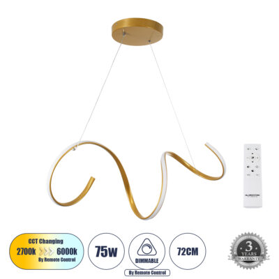 Alternative view of LEDTM® SPIRALE 61286 Μοντέρνο Κρεμαστό Φωτιστικό Οροφής LED 75W 8400lm 300° AC 220-240V IP20 Ρυθμιζόμενο Λευκό CCT με Χειριστήριο από 2700K έως 6000K Dimmable - Lumileds SMD Chip - Χρυσό Βούρτσας - Μ72 x Π25 x Υ30cm - 3 Χρόνια Εγγύηση