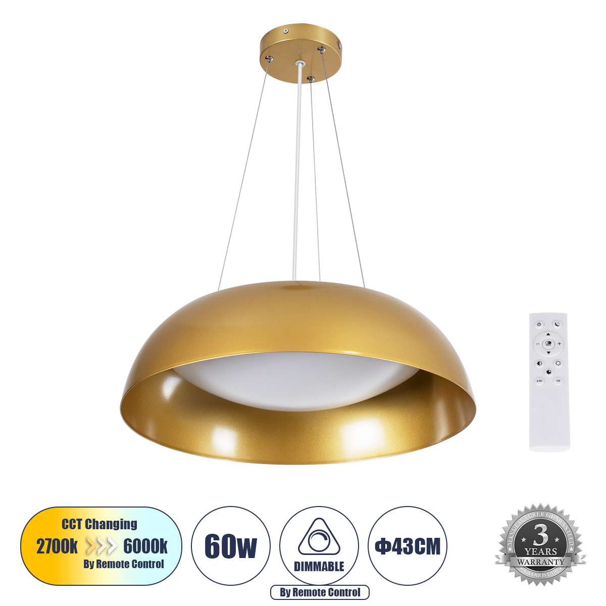 LEDTM® ANATOLIA 61268 Μοντέρνο Κρεμαστό Φωτιστικό Οροφής LED 60W 6900lm 120° AC 220-240V IP20 Ρυθμιζόμενο Λευκό CCT με Χειριστήριο από 2700K έως 6000K Dimmable - Lumileds SMD Chip - Χρυσό - Μ43 x Π43 x Υ11cm - 3 Χρόνια Εγγύηση - Image 2