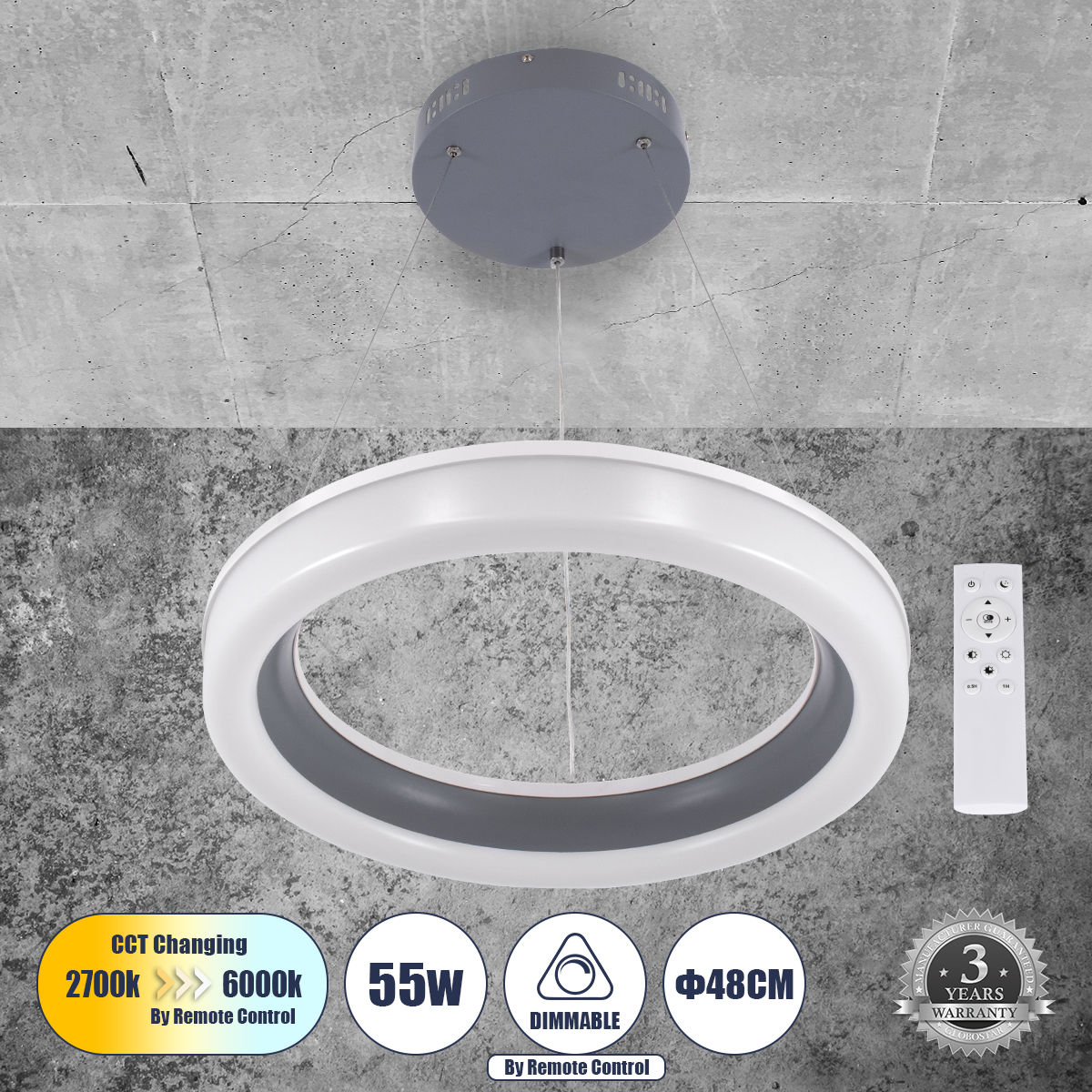 LEDTM® ARIANA 61039 Μοντέρνο Κρεμαστό Φωτιστικό Οροφής LED 55W 6376lm 120° AC 220-240V IP20 Ρυθμιζόμενο Λευκό CCT με Χειριστήριο από 2700K έως 6000K Dimmable - Lumileds SMD Chip - Γκρι - Μ48 x Π48 x Υ6.5cm - 3 Χρόνια Εγγύηση - Image 2