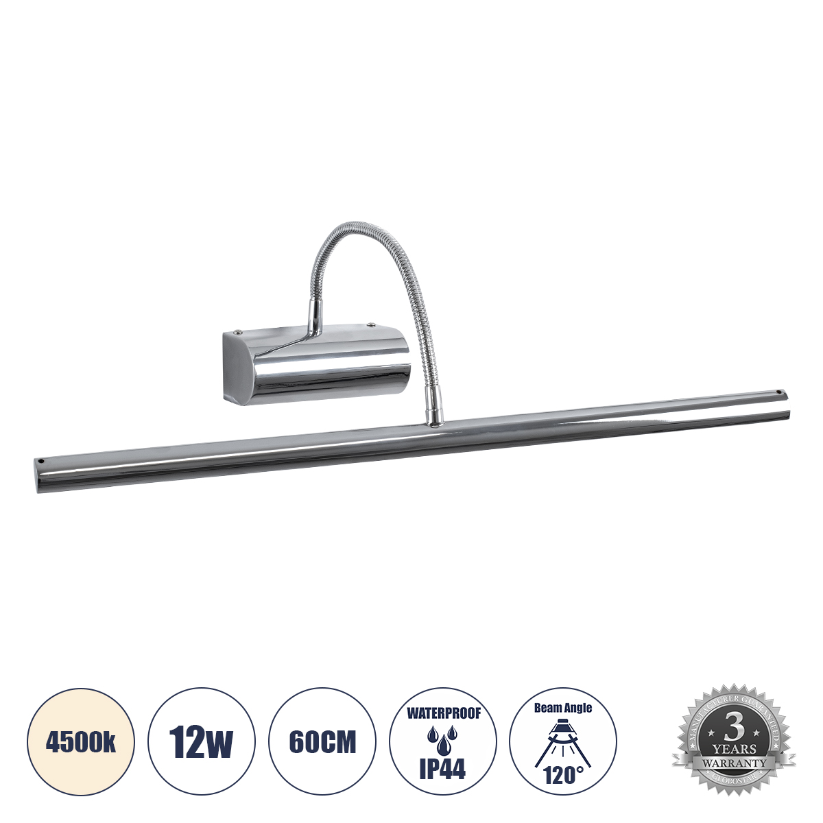 LEDTM® TROIS 60438 Μοντέρνο Φωτιστικό Τοίχου - Απλίκα Καθρέπτη Μπάνιου LED 12W 1400lm 120° AC 220-240V IP44 Φυσικό Λευκό 4500K - Lumileds SMD Chip & TÜV SÜD Driver - Νίκελ Χρώμιο - Μ60 x Π24 x Υ18cm - 3 Χρόνια Εγγύηση - Image 2