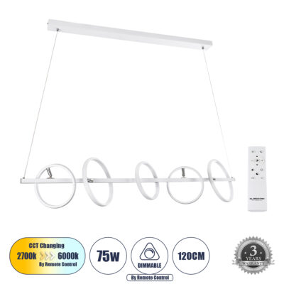 Alternative view of LEDTM® CIRCOLARE 61320 Μοντέρνο Κρεμαστό Φωτιστικό Οροφής LED 75W 8400lm 360° AC 220-240V IP20 Ρυθμιζόμενο Λευκό CCT με Χειριστήριο από 2700K έως 6000K Dimmable - Lumileds SMD Chip - Λευκό Ματ - Μ120 x Π25 x Υ25cm - 3 Χρόνια Εγγύηση