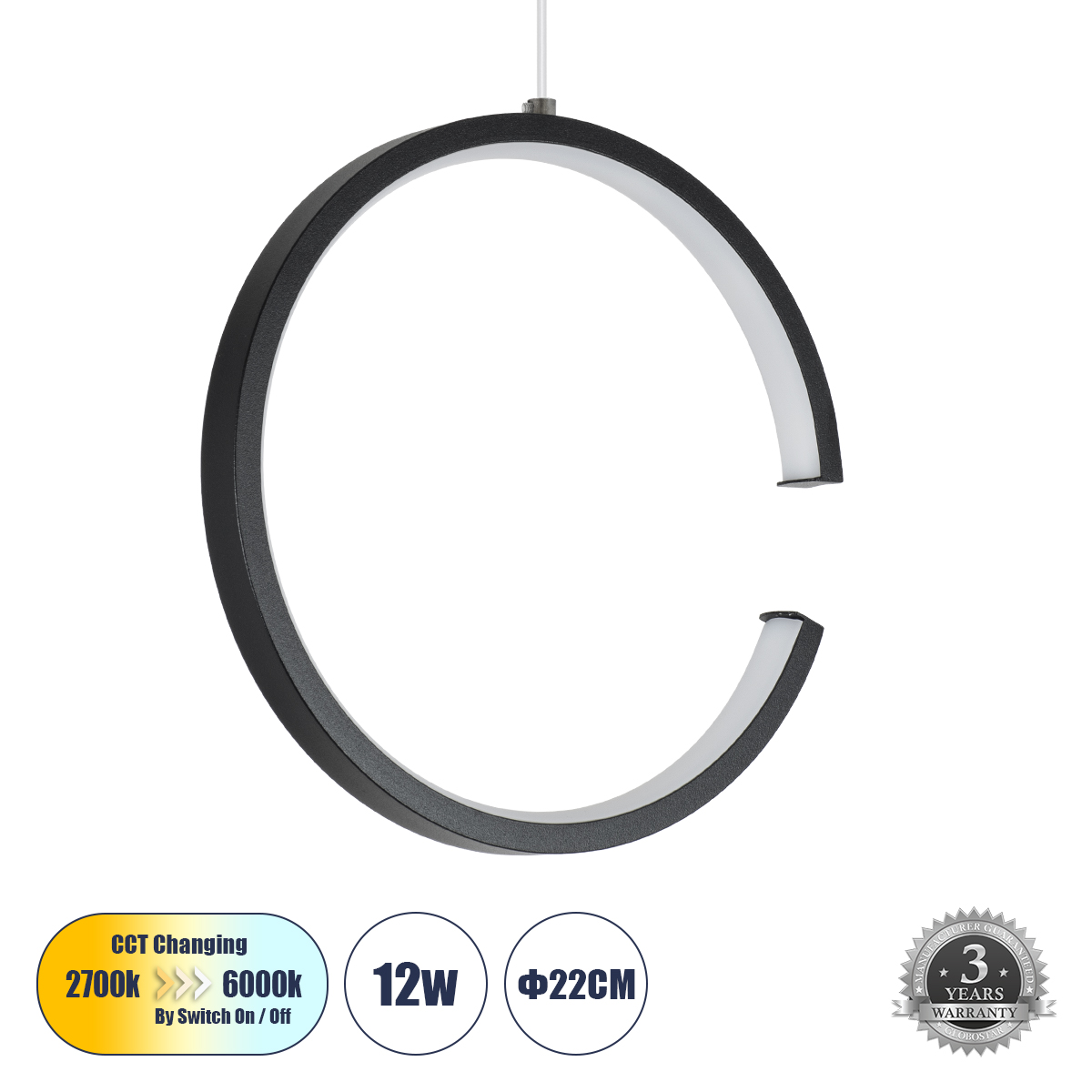 LEDTM® CEROBA 61306 Μοντέρνο Κρεμαστό Φωτιστικό Οροφής LED 12W 1320lm 360° AC 220-240V IP20 Ρυθμιζόμενο Λευκό CCT με On/Off 2700K/4500K/6000K - Lumileds SMD Chip - Μαύρο Ματ - Μ22 x Π2 x Υ22cm - 3 Χρόνια Εγγύηση - Image 2