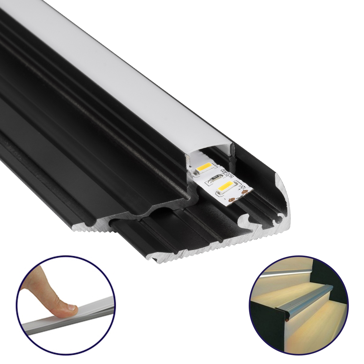 LEDTM® ALP-STEP-GRIP STAIR 70841-1M Επιφανειακό Προφίλ Αλουμινίου Ειδικό για Φωτισμό Σκαλοπατιού με Λευκό Γαλακτερό Πατητό Κάλυμμα για Ταινίες LED IP20 - Μαύρο & Λευκό - Μ100 x Π6 x Υ2.1cm - Image 2